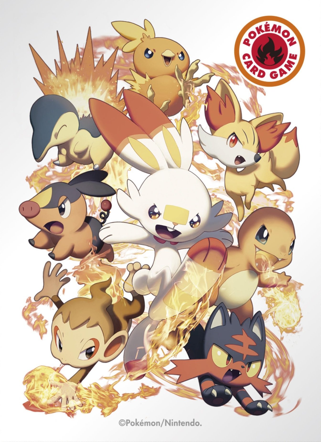 6+others beak buck_teeth charmander chimchar claws copyright copyright_name cyndaquil fangs fennekin fire gen_1_pokemon gen_2_pokemon gen_3_pokemon gen_4_pokemon gen_5_pokemon gen_6_pokemon gen_7_pokemon gen_8_pokemon highres litten looking_at_viewer multiple_others nintendo official_art open_mouth pokemon pokemon_(creature) pokemon_trading_card_game scorbunny simple_background tail talons tepig torchic