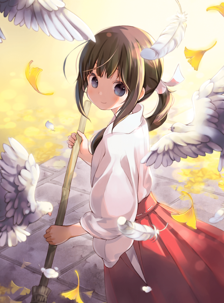 1girl bangs bird black_eyes broom brown_hair commentary_request from_side hair_ornament holding holding_broom japanese_clothes kimono kuga_tsukasa long_sleeves looking_at_viewer miko original pigeon ponytail smile smlie solo white_feathers