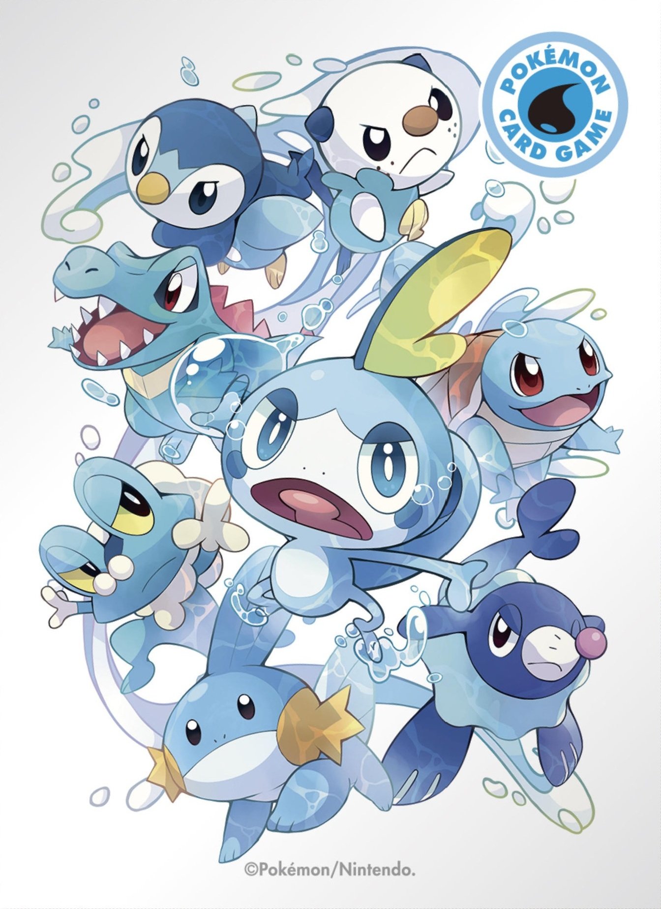 6+others :&lt; beak bubble copyright copyright_name fangs fins froakie gen_1_pokemon gen_2_pokemon gen_3_pokemon gen_4_pokemon gen_5_pokemon gen_6_pokemon gen_7_pokemon gen_8_pokemon highres looking_at_viewer mudkip multiple_others nintendo official_art oshawott pokemon pokemon_(creature) pokemon_trading_card_game popplio prinplup shell simple_background sobble squirtle tail tail_fin totodile water