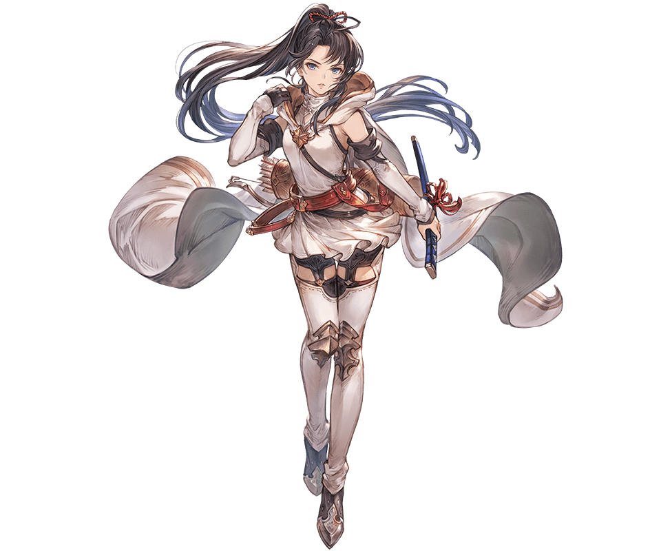1girl bangs belt black_hair blue_eyes boots bow_(weapon) character_request dress full_body granblue_fantasy hand_up holding hood hood_down lips long_hair looking_at_viewer minaba_hideo official_art parted_lips ponytail quiver shiny shiny_hair short_dress sleeveless solo standing sword thigh-highs thigh_boots tied_hair transparent_background turtleneck weapon