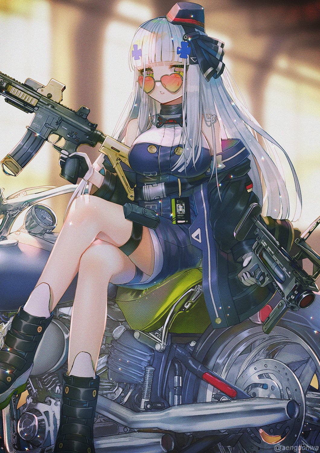 1girl assault_rifle bangs beret blurry blurry_background blush boots breasts choker crossed_legs dress dual_wielding feet_out_of_frame german_flag girls_frontline gloves green_eyes grenade_launcher gun h&amp;k_hk416 hanato_(seonoaiko) hat headgear heart heart-shaped_eyewear heckler_&amp;_koch highres hk416_(girls_frontline) holding jacket long_hair looking_at_viewer magazine_(weapon) mod3_(girls_frontline) name_tag on_motorcycle open_clothes open_jacket parted_lips pleated_skirt purple_dress rifle shoes sidelocks silver_hair sitting skirt snap-fit_buckle solo sunglasses thigh_strap tinted_eyewear trigger_discipline twitter_username weapon white_dress white_gloves