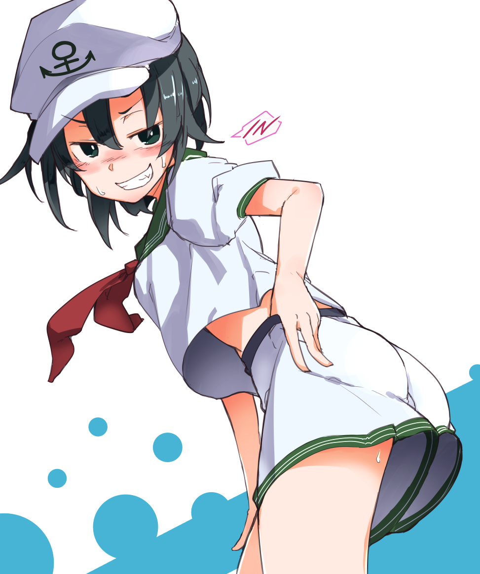 1girl anchor_symbol ass bangs black_hair blush breasts commentary_request cowboy_shot furorina green_sailor_collar grey_eyes grin hair_between_eyes hat leaning_forward looking_at_viewer medium_breasts midriff murasa_minamitsu neckerchief nose_blush puffy_short_sleeves puffy_sleeves red_neckwear sailor_collar sailor_hat sailor_shirt shirt short_hair short_sleeves shorts simple_background smile solo standing sweat thighs touhou white_background white_headwear white_shirt white_shorts