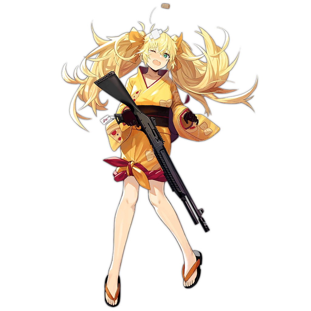 1girl alternate_costume alternate_hairstyle bandaid bangs black_footwear black_gloves blonde_hair blush breasts collarbone cork damaged eyebrows_visible_through_hair fabarm_sat-8 fang floating_hair food food_print full_body girls_frontline gloves green_eyes gun hair_ribbon holding holding_gun holding_weapon japanese_clothes kimono large_breasts long_hair looking_at_viewer messy_hair nin obi official_art one_eye_closed open_mouth orange_ribbon pizza price_tag ribbon s.a.t.8_(girls_frontline) sandals sash shotgun smile solo spas-12 standing tearing_up toes transparent_background twintails weapon yellow_kimono yukata