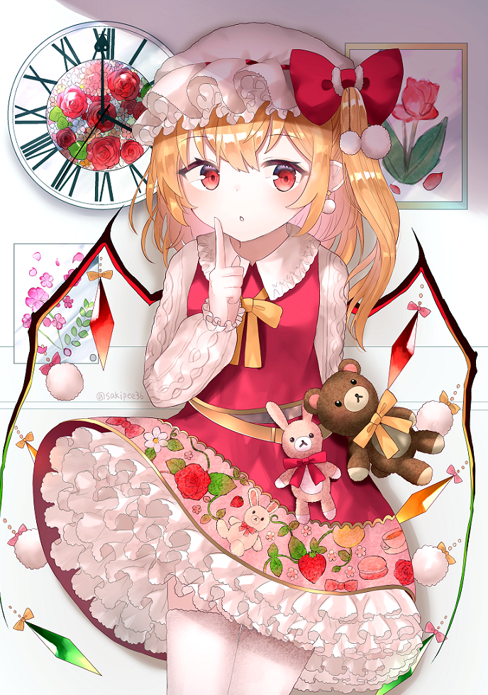 1girl :o against_wall animal_print arm_up belt blonde_hair blush breasts bunny_print clock commentary_request contrapposto cowboy_shot dangle_earrings embellished_costume eyebrows_visible_through_hair finger_to_cheek flandre_scarlet floral_print hair_between_eyes hat hat_ribbon long_sleeves looking_at_viewer mob_cap partial_commentary petticoat picture_frame pointy_ears pom_pom_(clothes) red_eyes red_skirt red_vest ribbon roman_numerals rose_print sakipsakip shiny shiny_hair shirt short_hair side_ponytail skirt small_breasts solo standing stuffed_animal stuffed_bunny stuffed_toy teddy_bear thigh-highs touhou twitter_username vest white_headwear white_legwear white_shirt wings yellow_neckwear yellow_ribbon