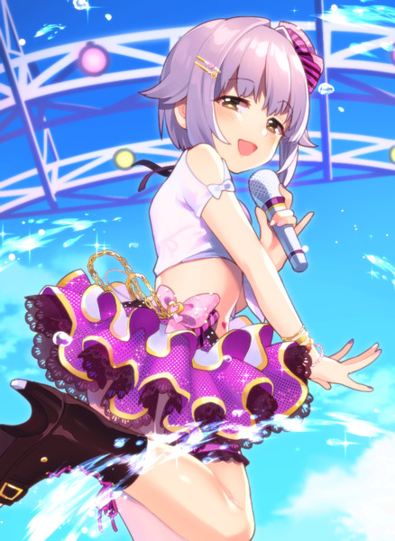 1girl :d bangs blush boots bow bracelet breasts chain crop_top dress eyebrows_visible_through_hair frilled_skirt frills gold_chain hair_ornament hairclip hat high_heel_boots high_heels holding holding_microphone idolmaster idolmaster_cinderella_girls idolmaster_cinderella_girls_starlight_stage jewelry koshimizu_sachiko leg_up looking_at_viewer microphone midriff miniskirt nail_polish open_mouth pinky_out purple_dress purple_hair ribbon shirt short_hair short_sleeves skirt small_breasts smile solo standing standing_on_one_leg uso_(ameuzaki) white_shirt