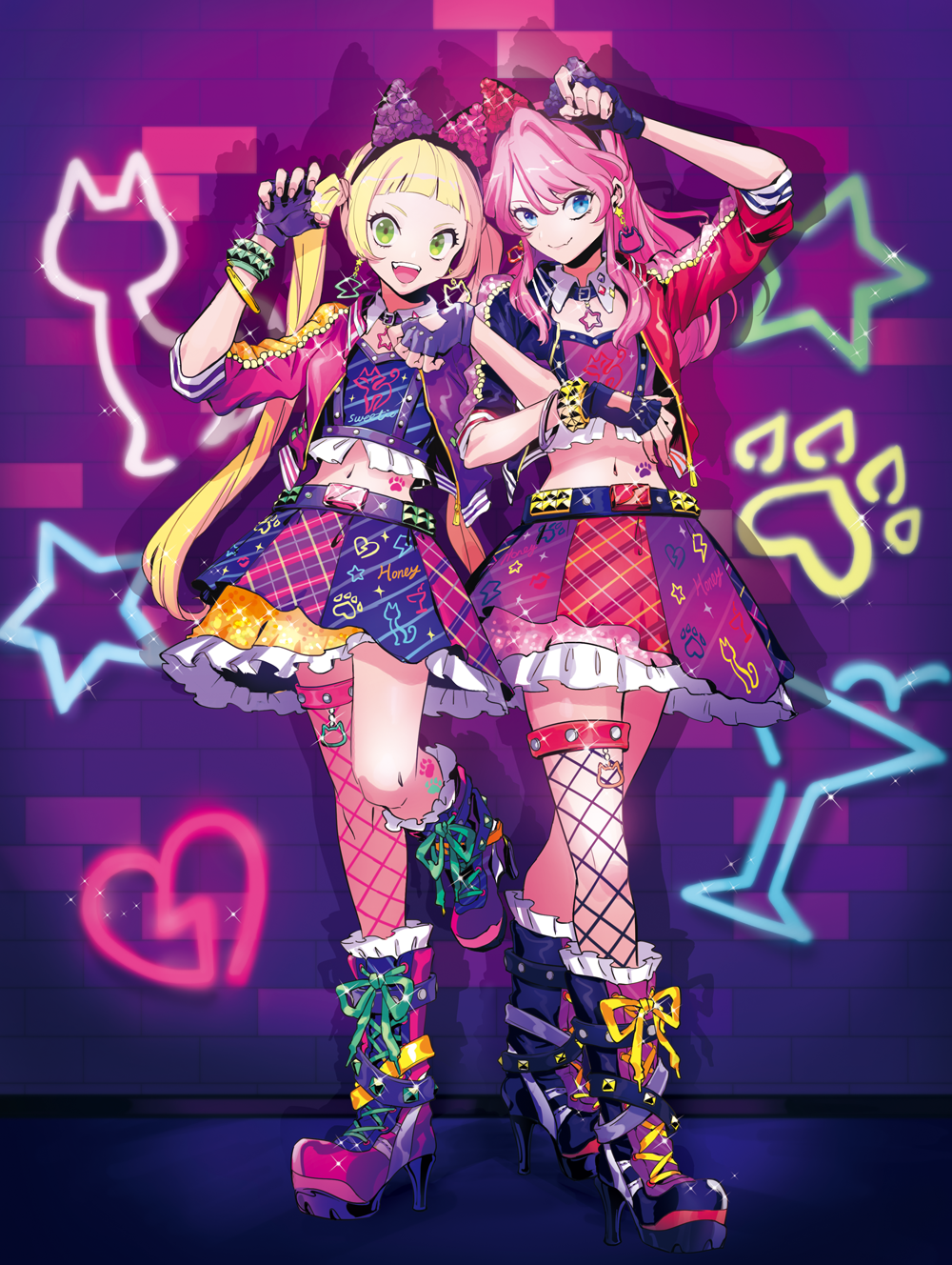 2girls aikatsu! aikatsu!_(series) aikatsu_friends! blonde_hair blue_eyes boots breasts closed_mouth earrings flat_chest full_body green_eyes hair_ornament hair_ribbon highres jacket jewelry long_hair multiple_girls necklace open_mouth pink_hair puppeteer7777 ribbon skirt small_breasts thigh-highs twintails