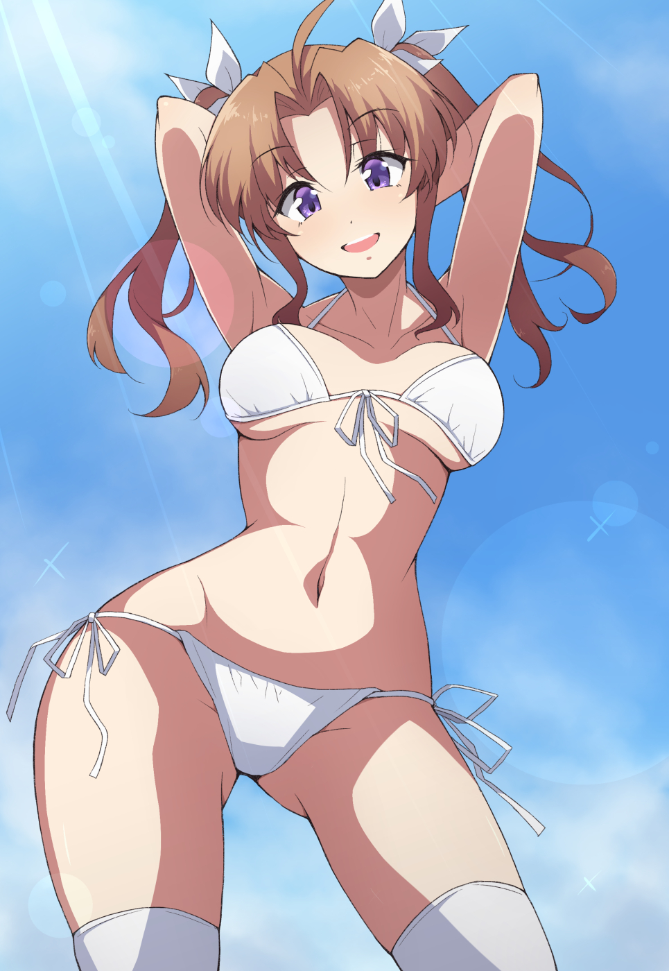 1girl :d ahoge armpits arms_up ass_visible_through_thighs bangs bikini blush breasts contrapposto day eyebrows_visible_through_hair front-tie_bikini front-tie_top hair_ribbon highres kagerou_(kantai_collection) kantai_collection large_breasts lens_flare long_hair looking_at_viewer looking_down navel nel-c open_mouth outdoors parted_bangs ribbon side-tie_bikini sidelocks smile solo stomach sunlight swimsuit thigh-highs twintails under_boob violet_eyes white_bikini white_legwear white_ribbon