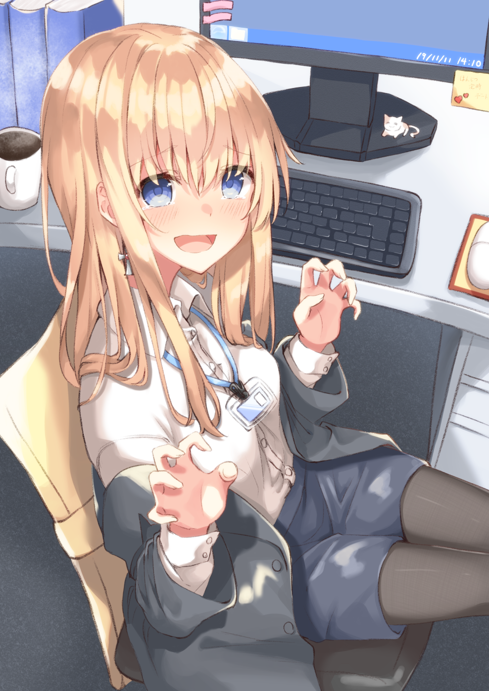 1girl :d bangs black_jacket black_legwear black_skirt blonde_hair blue_eyes blush book breasts claw_pose coffee_cup collared_shirt commentary_request cross cross_earrings cup desk disposable_cup dress_shirt earrings eyebrows_visible_through_hair heart highres hiiragi_kifuyu id_card indoors jacket jewelry keyboard_(computer) long_sleeves looking_at_viewer monitor note off_shoulder office_lady open_clothes open_jacket open_mouth original pantyhose pencil_skirt shirt sitting skirt small_breasts smile solo tearing_up tears wing_collar