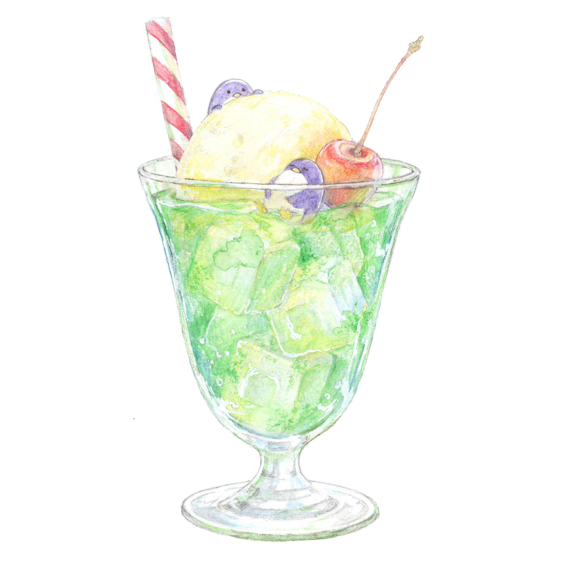 bird black_eyes cherry closed_eyes cup drink drinking_glass drinking_straw food fruit ice ice_cream ice_cube lying no_humans on_back original penguin simple_background sleeping still_life striped tamura_yuki traditional_media watercolor_(medium) white_background