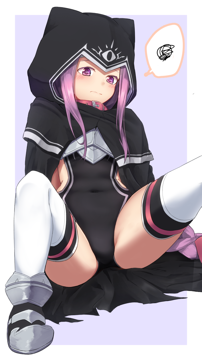 1girl black_cloak black_leotard blush bow braid cloak closed_mouth commentary_request covered_navel fate/grand_order fate_(series) grey_footwear hair_bow highres hood hood_up hooded_cloak leotard medusa_(lancer)_(fate) nenosame pink_collar purple_background purple_hair red_bow rider sitting solo spoken_sweatdrop spread_legs sweatdrop thigh-highs two-tone_background violet_eyes white_background white_legwear