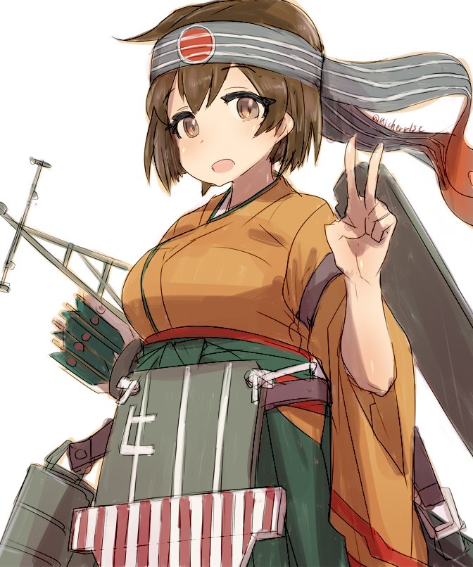 1girl alchera apron arrow brown_eyes brown_hair cowboy_shot flight_deck green_hakama hakama headband hiryuu_(kantai_collection) japanese_clothes kantai_collection kimono mast one_side_up open_mouth orange_kimono quiver short_hair simple_background solo twitter_username v white_background