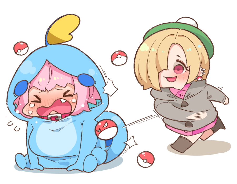 2girls blonde_hair blue_hair blush boots breasts chibi closed_eyes collared_dress cosplay crossover crying dress ear_piercing earrings eyebrows_visible_through_hair fang gen_1_pokemon green_headwear grey_sweater hair_intakes hat hood hood_down hood_up hooded_sweater idolmaster idolmaster_cinderella_girls jewelry large_breasts leg_up long_sleeves looking_at_another motion_lines multicolored_hair multiple_girls nose_blush open_mouth piercing pink_collar pink_dress pink_hair poke_ball poke_ball_earrings pokemon pokemon_(creature) red_eyes shadow shiny shiny_hair shirasaka_koume simple_background sitting sitting_on_floor smile sobble sobble_(cosplay) spread_legs standing standing_on_one_leg sweater takatoo_kurosuke tears throwing two-tone_hair voltorb wavy_mouth white_background yumemi_riamu