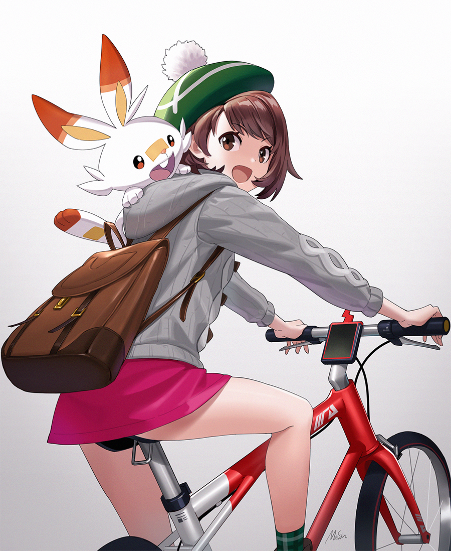 1girl backpack bag bangs bicycle blush brown_eyes brown_hair cardigan commentary_request dress female_protagonist_(pokemon_swsh) gen_8_pokemon green_headwear grey_cardigan ground_vehicle hat long_sleeves looking_at_viewer masin0201 open_mouth pink_dress pokemon pokemon_(creature) pokemon_(game) pokemon_swsh scorbunny short_hair simple_background smile tam_o'_shanter white_background