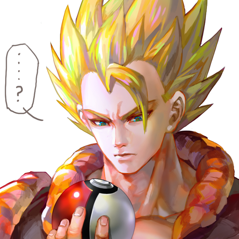 1boy ? artist_request blonde_hair blue_eyes character_request closed_mouth collar collarbone dragon_ball holding holding_poke_ball looking_down male_focus poke_ball simple_background solo spiky_hair upper_body white_background