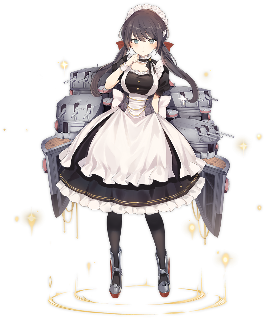 1girl azur_lane black_dress black_hair black_legwear blue_eyes breasts choker closed_mouth dress full_body glasgow_(azur_lane) hand_up large_breasts long_hair looking_at_viewer low_twintails lpip maid maid_headdress official_art pantyhose puffy_short_sleeves puffy_sleeves rigging rudder_footwear short_sleeves solo standing transparent_background turret twintails wrist_cuffs