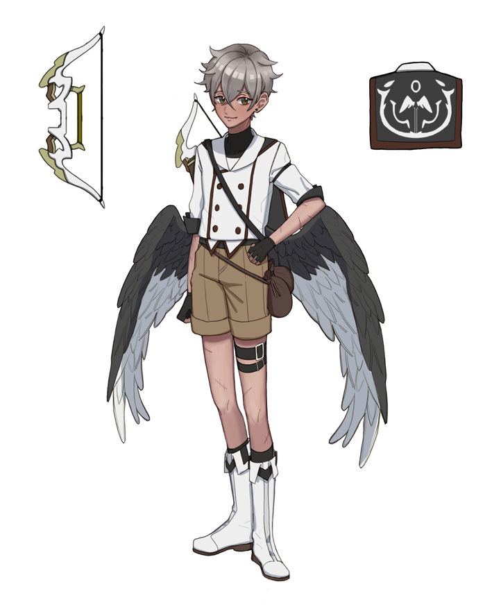 1boy bag black_gloves black_wings boots bow_(weapon) brown_eyes doodle feathered_wings fingerless_gloves full_body gloves hair_between_eyes handbag male_focus original pil_tor short_sleeves shorts silver_hair simple_background solo standing thigh_strap weapon white_footwear wings