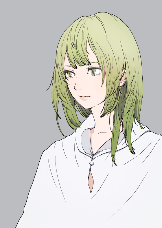 1other androgynous chakoro enkidu_(fate/strange_fake) fate/grand_order fate/strange_fake fate_(series) green_eyes green_hair grey_background light_green_hair robe short_hair simple_background solo toga upper_body white_robe