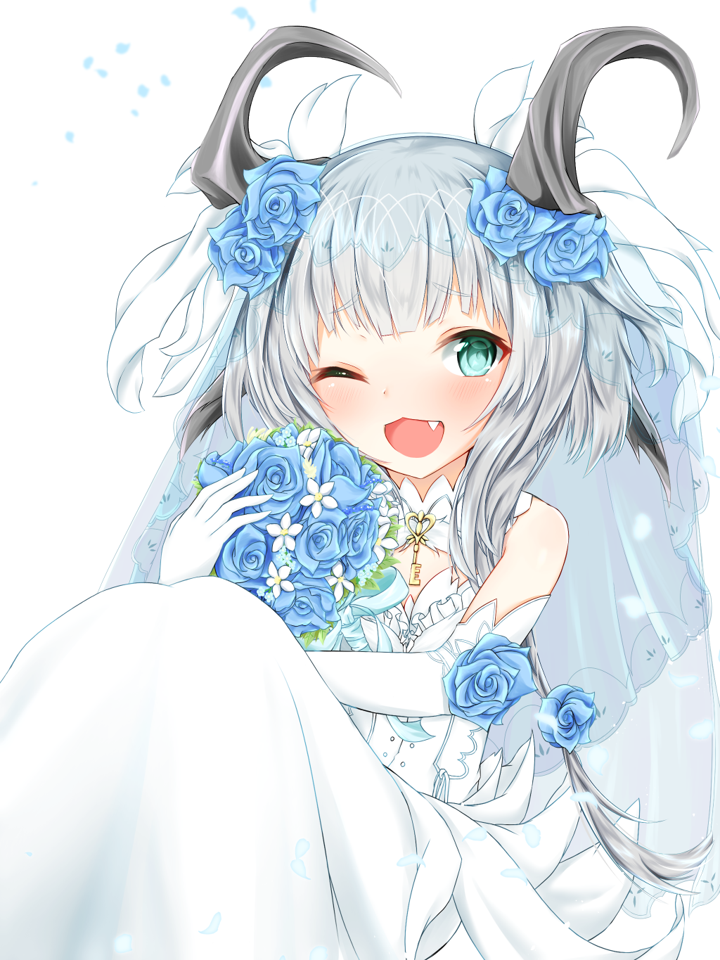 1girl bouquet dragon_girl dragon_horns dress fang flower gloves green_eyes grey_hair highres holding holding_bouquet horns key one_eye_closed open_mouth petals rune_factory rune_factory_4 selzawill simple_background solo user_tpwm5585 wedding_dress white_background white_dress white_gloves