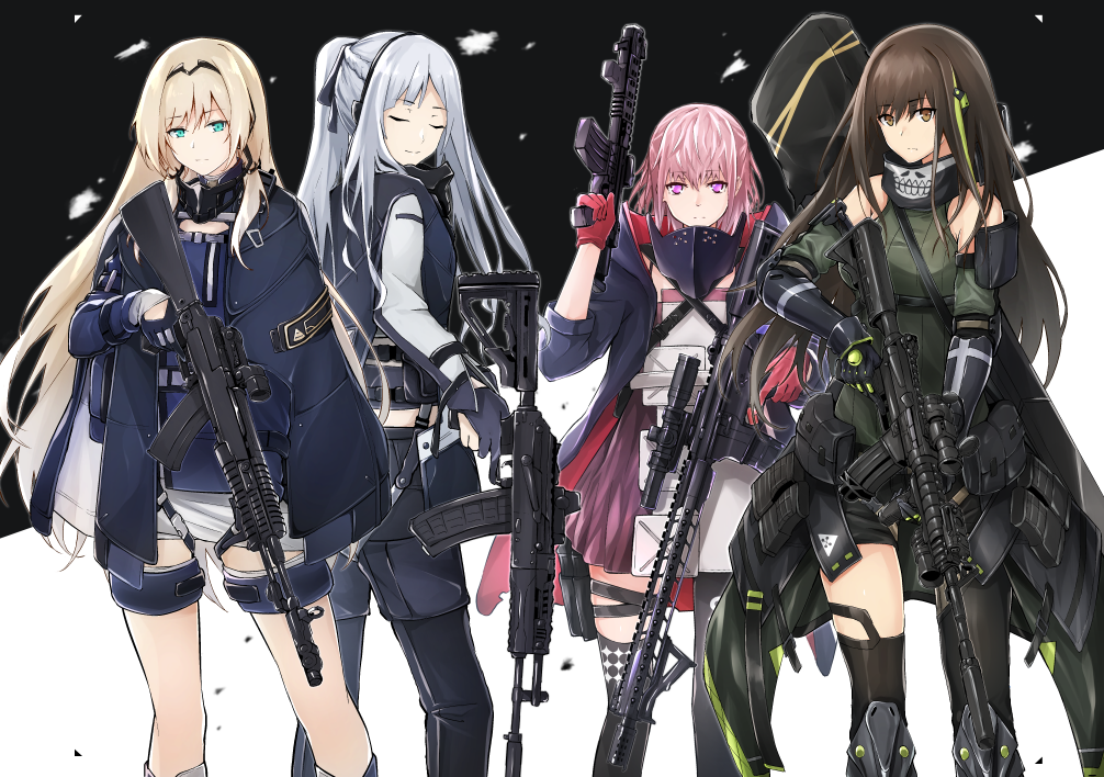 4girls ak-12 ak-12_(girls_frontline) an-94 an-94_(girls_frontline) ar-15 assault_rifle asymmetrical_legwear black_eyes black_gloves black_hair black_legwear blue_eyes brown_eyes closed_eyes coat defy_(girls_frontline) flugel_(kaleido_scope-710) girls_frontline gloves green_hair gun gun_case high_ponytail holding holding_gun holding_weapon long_hair long_sleeves m4_carbine m4a1_(girls_frontline) mod3_(girls_frontline) multicolored_hair multiple_girls open_clothes open_coat partly_fingerless_gloves pink_hair ponytail red_gloves rifle scarf scope short_shorts shorts silver_hair smile st_ar-15_(girls_frontline) stanag_magazine streaked_hair suppressor thigh-highs trigger_discipline two-tone_hair weapon white_hair white_shorts