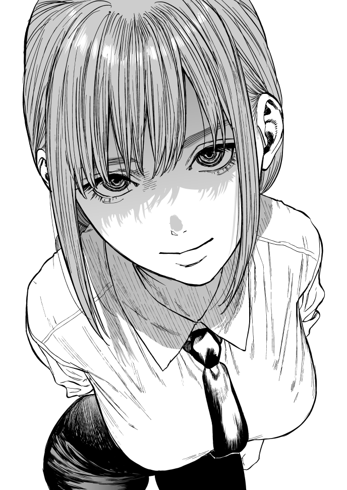 1girl chainsaw_man hair_between_eyes kimidake looking_at_viewer makima_(chainsaw_man) monochrome necktie shaded_face simple_background smile solo white_background