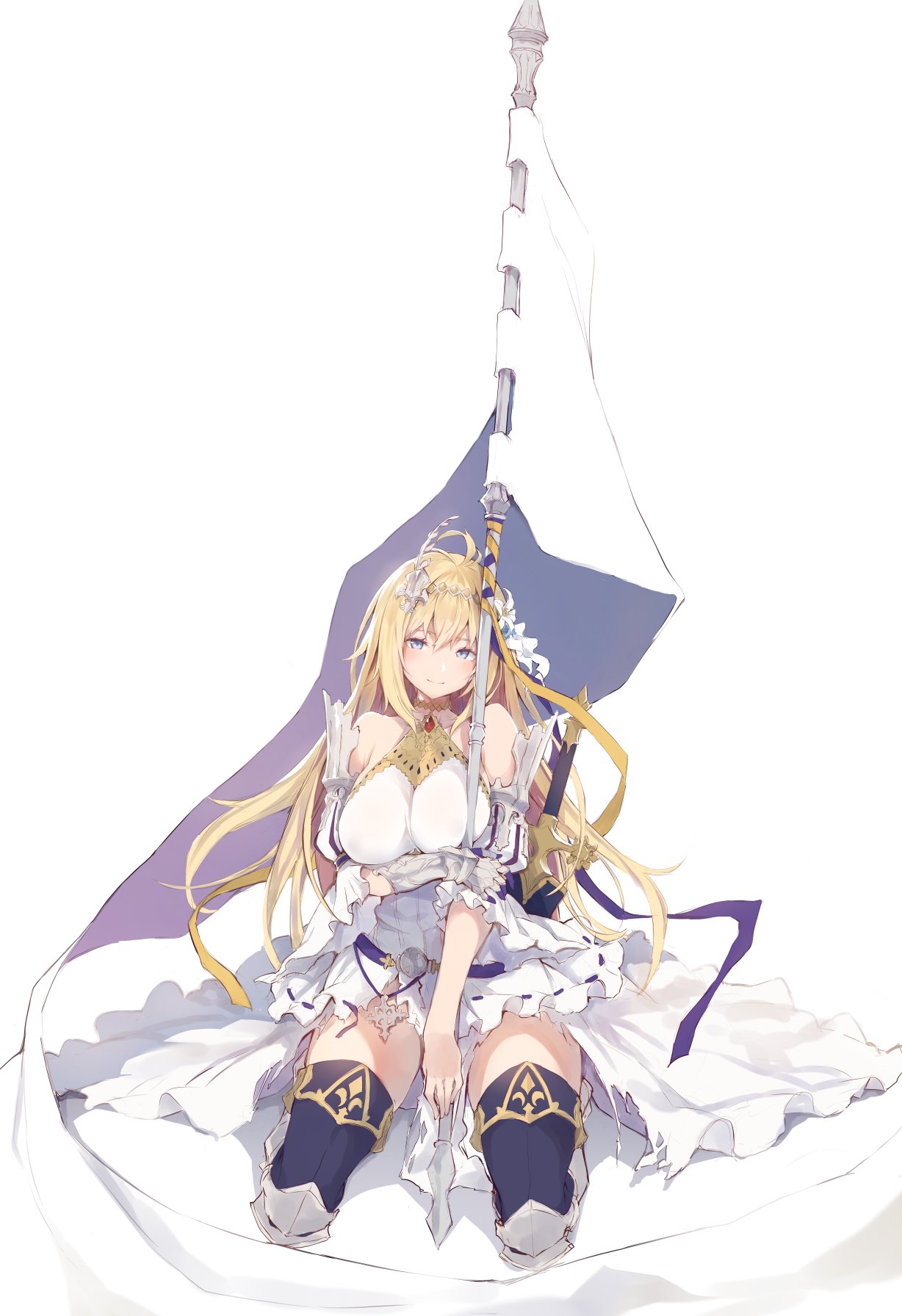 1girl ahoge arm_guards armor bangs bare_shoulders belt blonde_hair blue_eyes blue_footwear blush boots breasts choker circlet detached_sleeves dress eyebrows_visible_through_hair fate/apocrypha fate_(series) flower gauntlets greaves hair_flower hair_ornament highres jeanne_d'arc_(fate) jeanne_d'arc_(fate)_(all) large_breasts long_hair looking_at_viewer nanahara_fuyuki puffy_short_sleeves puffy_sleeves ruby_(gemstone) seiza sheath sheathed short_sleeves sidelocks single_gauntlet sitting smile solo standard_bearer sword thigh-highs thigh_boots torn_clothes torn_dress very_long_hair weapon white_dress