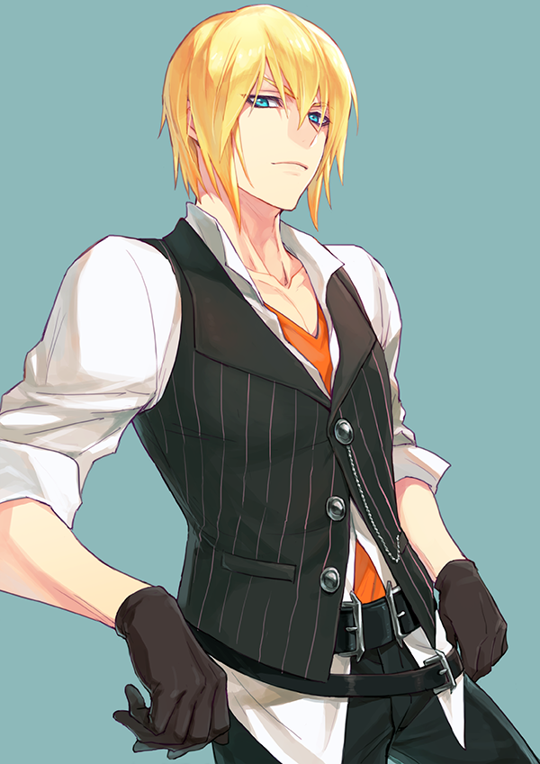 1boy belt belt_buckle black_belt black_gloves black_jacket black_pants blonde_hair blue_background blue_eyes buckle closed_mouth collarbone dress_shirt eizen_(tales) gloves isa_(peien516) jacket leaning_back looking_at_viewer male_focus orange_shirt pants shirt simple_background sleeveless sleeveless_jacket sleeves_rolled_up solo tales_of_(series) tales_of_berseria vertical-striped_jacket yellow_shirt