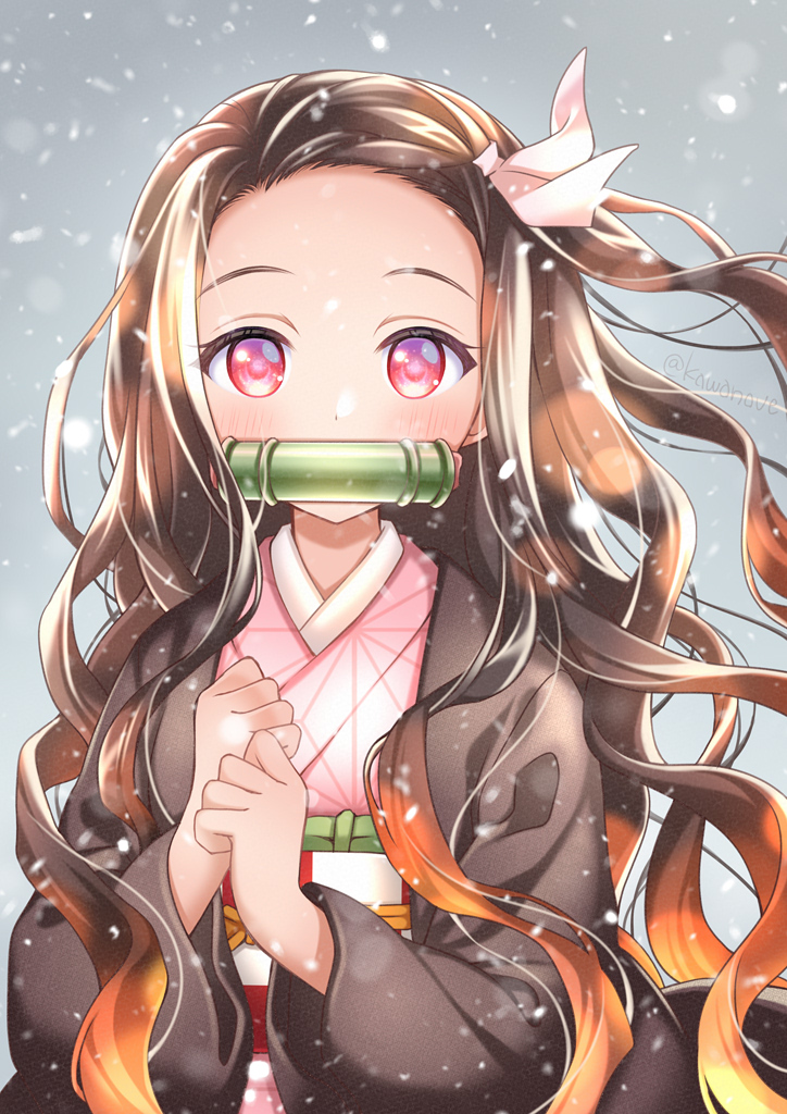 1girl asa_no_ha_(pattern) bamboo bit_gag blurry blush brown_hair checkered_obi clenched_hands gag gradient_hair grey_background hair_ribbon haori japanese_clothes kamado_nezuko kawanobe kimetsu_no_yaiba kimono long_hair long_sleeves looking_at_viewer mouth_hold multicolored_hair obi orange_hair pink_eyes pink_kimono pink_ribbon ribbon sash snowing solo two-tone_hair upper_body wavy_hair