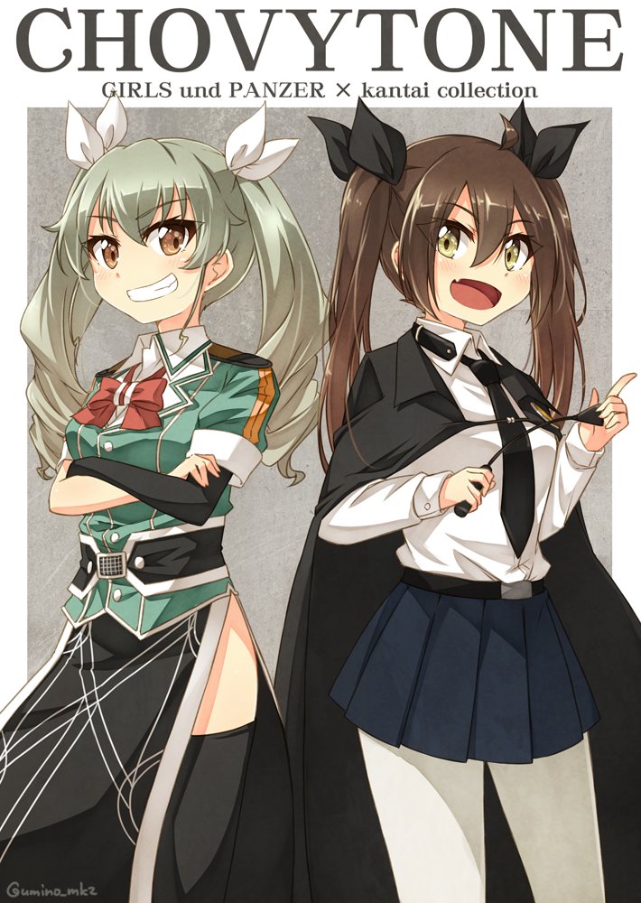 2girls anchovy anchovy_(cosplay) anzio_military_uniform anzio_school_uniform asymmetrical_legwear belt black_cape black_neckwear black_ribbon boots brown_eyes brown_hair cape copyright_name cosplay costume_switch crossover drill_hair elbow_gloves fang girls_und_panzer gloves green_hair grey_pants grin hair_between_eyes hair_ribbon kantai_collection knee_boots long_hair looking_at_viewer matching_hairstyle multiple_girls necktie pants pelvic_curtain remodel_(kantai_collection) ribbon riding_crop sam_browne_belt school_uniform side_slit single_elbow_glove single_thighhigh smile standing thigh-highs tone_(kantai_collection) tone_(kantai_collection)_(cosplay) twin_drills twintails twitter_username umino_mokuzu_(shizumisou) white_ribbon