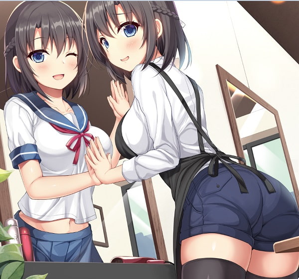 1girl ;d apron black_legwear blue_eyes blue_skirt blush braid brown_hair crown_braid day different_reflection indoors looking_at_viewer medium_hair mirror one_eye_closed open_mouth original reflection school_uniform shirt shorts skirt smile standing thigh-highs utsurogi_akira white_shirt