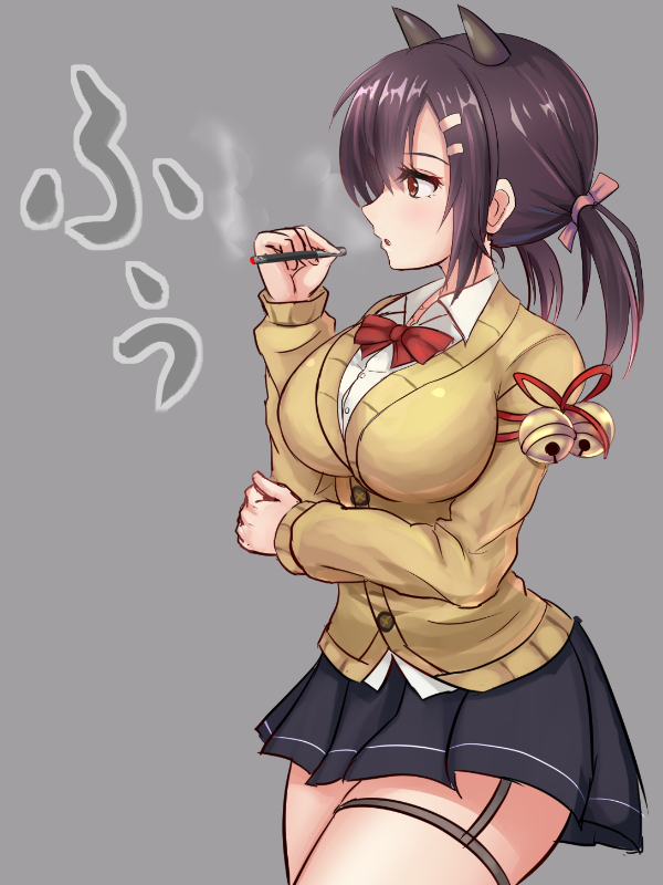 1girl aaabbbccccc azur_lane bell black_border black_skirt border breasts brown_hair cardigan cigarette collared_shirt cowboy_shot eyebrows_visible_through_hair grey_background hair_between_eyes hair_ornament hairclip holding holding_cigarette horns jingle_bell large_breasts long_sleeves low_twintails nagara_(azur_lane) pink_ribbon red_neckwear red_ribbon ribbon shirt skirt smoke smoking solo standing sweater text_focus twintails undersized_clothes white_shirt yellow_sweater