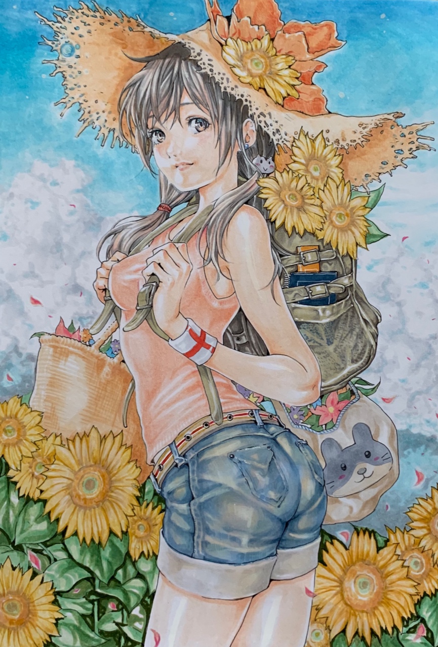 1girl amano_hina_(tenki_no_ko) ass backpack bag breasts earrings flower hair_ornament hat highres jewelry katsu_(24791909) lips low_twintails short_shorts shorts tenki_no_ko twintails wristband
