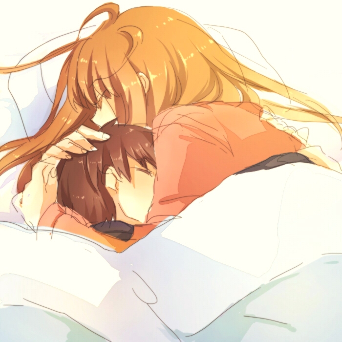 1boy 1girl age_difference bed blanket brown_hair habuha hand_on_another's_head head_in_chest hug orange_hair original sleeping