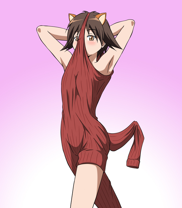 1girl animal_ears armpits arms_behind_head brown_eyes brown_hair commentary_request gradient gradient_background hiro_yoshinaka looking_at_viewer miyafuji_yoshika pink_background ribbed_sweater short_hair simple_background solo strike_witches sweater tail turtleneck_leotard wardrobe_error world_witches_series you're_doing_it_wrong