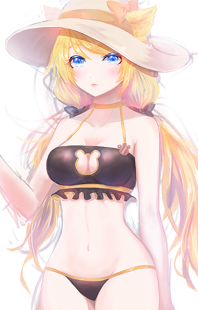 1girl akan817 animal_ears bare_shoulders black_bra black_panties blonde_hair blue_eyes bow bra cat_ears choker cleavage_cutout collarbone cowboy_shot ears_through_headwear frilled_bra frills groin hair_bow halter_top halterneck hat hat_bow king's_raid long_hair looking_at_viewer low_twintails navel panties rodina_(king's_raid) simple_background solo stomach sun_hat twintails underwear very_long_hair white_background
