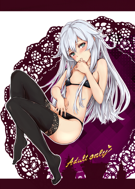 1girl bare_shoulders black_bra black_legwear black_panties blue_eyes blush bra breasts full_body head_tilt hibiki_(kantai_collection) kantai_collection long_hair looking_at_viewer navel panties rizzl silver_hair small_breasts solo stomach thigh-highs thumb_to_mouth underwear underwear_only