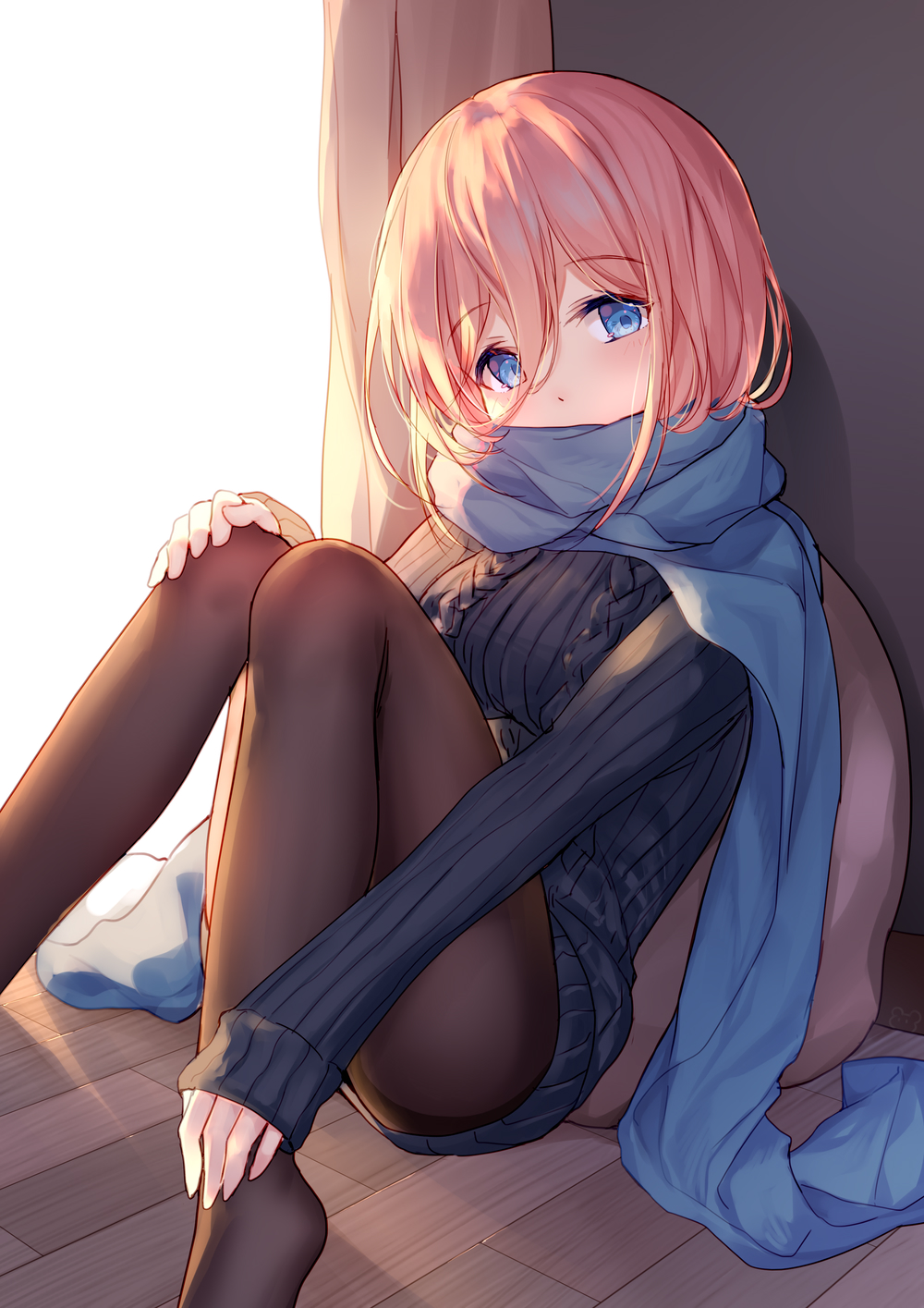 1girl aran_sweater ass bison_cangshu blue_eyes blue_scarf breasts brown_legwear covered_mouth curtains dress go-toubun_no_hanayome highres knees_up long_hair long_sleeves looking_at_viewer medium_breasts nakano_miku no_shoes on_floor pantyhose pink_hair ribbed_sweater scarf sitting solo sweater sweater_dress wooden_floor