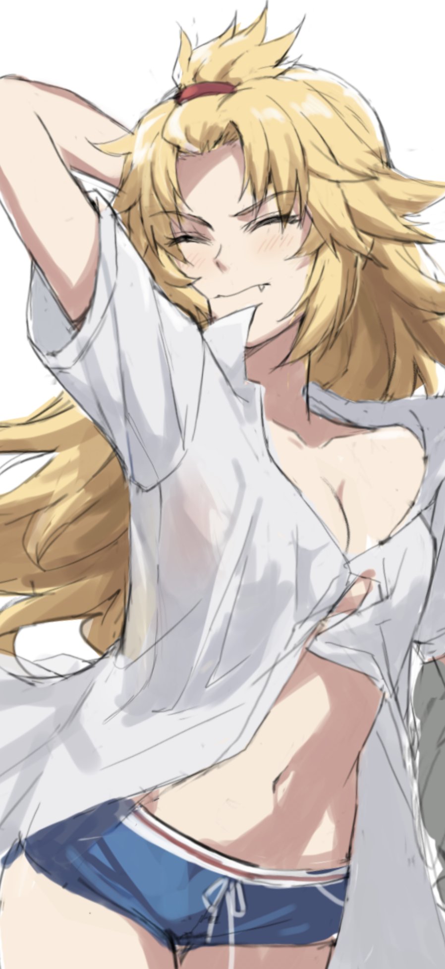 1girl arm_behind_head arm_up bangs blonde_hair blue_shorts blush breasts closed_eyes closed_mouth collarbone collared_shirt fang fate/apocrypha fate_(series) female_only forehead hair_pulled_back highres long_hair mordred_(fate) mordred_(fate)_(all) navel no_bra parted_bangs shirt short_shorts short_sleeves shorts simple_background small_breasts solo thighs tonee white_background white_shirt