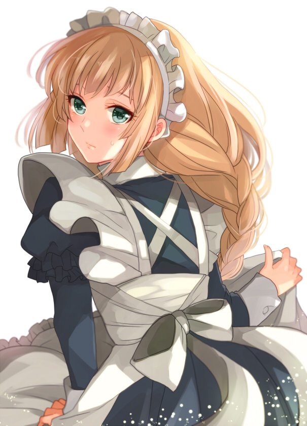 1girl blonde_hair closed_mouth fire_emblem fire_emblem:_three_houses from_behind green_eyes ingrid_brandl_galatea konoha2014 long_hair long_sleeves looking_back maid maid_headdress pillow simple_background solo white_background