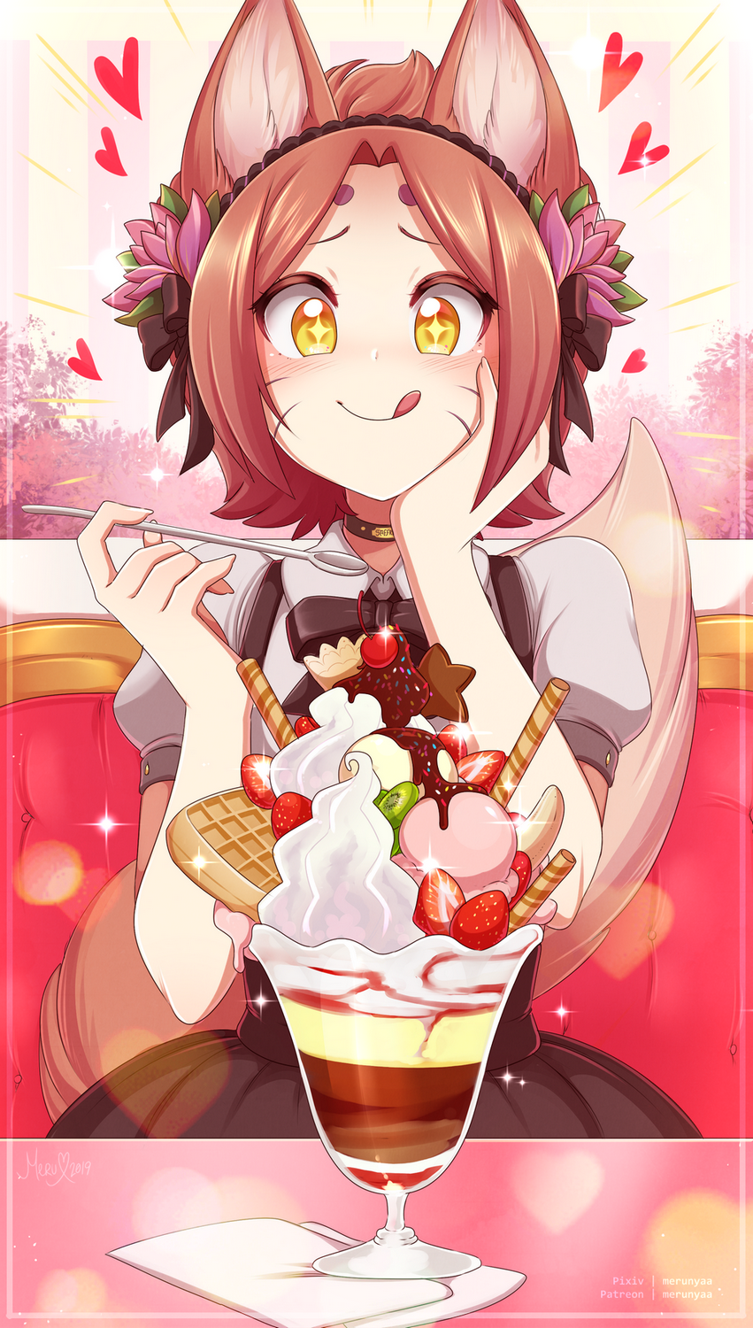 +_+ 1girl 2019 :q animal_ear_fluff animal_ears blush borrowed_character brown_hair cherry choker commentary english_commentary flower food fox_ears fox_tail fruit hair_flower hair_ornament hand_on_own_cheek heart highres holding holding_spoon ice_cream kiwifruit merunyaa original parfait patreon_username pixiv_username puffy_short_sleeves puffy_sleeves short_hair short_sleeves signature smile solo sparkle spoon sprinkles strawberry tail tongue tongue_out waffle whipped_cream whisker_markings yellow_eyes