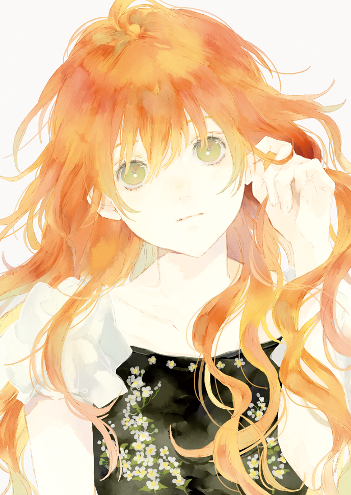 1girl closed_mouth commentary_request expressionless floral_print green_eyes hair_between_eyes hand_in_hair hand_up head_tilt long_hair looking_at_viewer niwa_haruki orange_hair original puffy_short_sleeves puffy_sleeves short_sleeves simple_background solo upper_body wavy_hair white_background