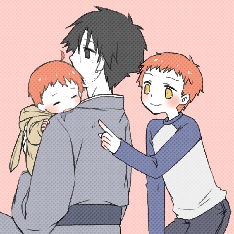 1boy 1girl 2boys ahoge aru_u1g baby black_eyes black_hair blush emiya_kiritsugu emiya_shirou facial_hair fate/grand_order fate/stay_night fate/zero fate_(series) father_and_son fujimaru_ritsuka_(female) long_sleeves multiple_boys orange_hair raglan_sleeves short_hair short_sleeves tagme yellow_eyes younger