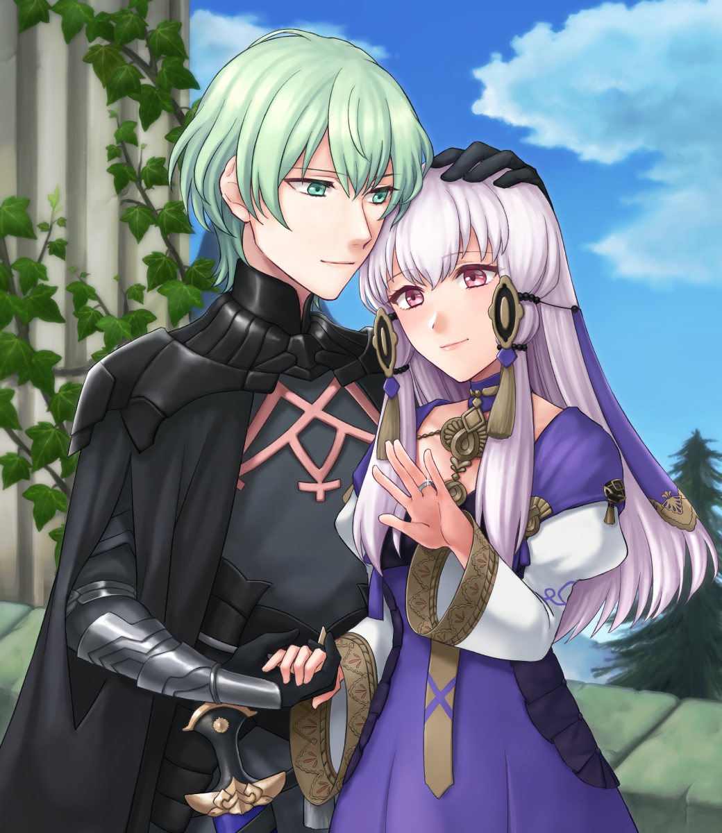 1boy 1girl armor black_armor black_gloves blue_sky byleth_(fire_emblem) byleth_eisner_(male) closed_mouth clouds couple dagger day dress fire_emblem fire_emblem:_three_houses gloves green_eyes green_hair hair_ornament hand_on_another's_head hazuki_(nyorosuke) highres holding_hands jewelry long_hair long_sleeves lysithea_von_ordelia outdoors pink_eyes ring sheath sheathed short_hair sky smile weapon white_hair