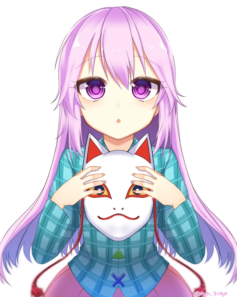 1girl blue_shirt commentary_request fox_mask hata_no_kokoro holding holding_mask long_hair looking_at_viewer mask okichi_miyoshi open_mouth pink_eyes pink_hair pink_skirt plaid plaid_shirt purple_hair shirt simple_background skirt solo staring touhou very_long_hair violet_eyes white_background