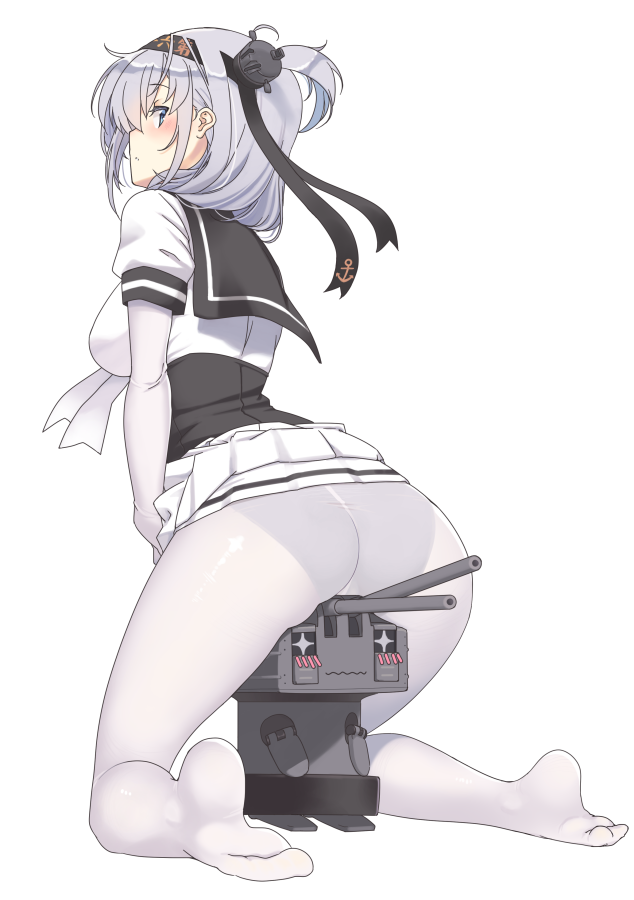 +_+ 1girl ass bangs black_panties black_sailor_collar blue_eyes blush breasts chou-10cm-hou-chan_(suzutsuki's) closed_mouth commentary elbow_gloves from_behind full_body gloves hachimaki hair_ornament headband kantai_collection kneeling large_breasts long_hair looking_at_viewer looking_back nakadori_(movgnsk) no_shoes one_side_up panties panties_under_pantyhose pantyhose pleated_skirt profile sailor_collar school_uniform serafuku shirt short_sleeves sidelocks silver_hair simple_background sitting sitting_on_object skirt solo suzutsuki_(kantai_collection) turret underwear white_background white_gloves white_legwear white_shirt white_skirt