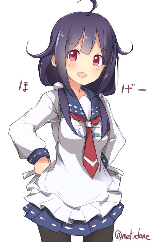 1girl :d ahoge apron black_legwear blue_skirt eyebrows_visible_through_hair hair_flaps hand_on_hips kantai_collection looking_at_viewer low_twintails metindone neckerchief open_mouth pantyhose pleated_skirt purple_hair red_eyes red_neckwear school_uniform serafuku simple_background skirt smile solo taigei_(kantai_collection) twintails twitter_username white_apron white_background