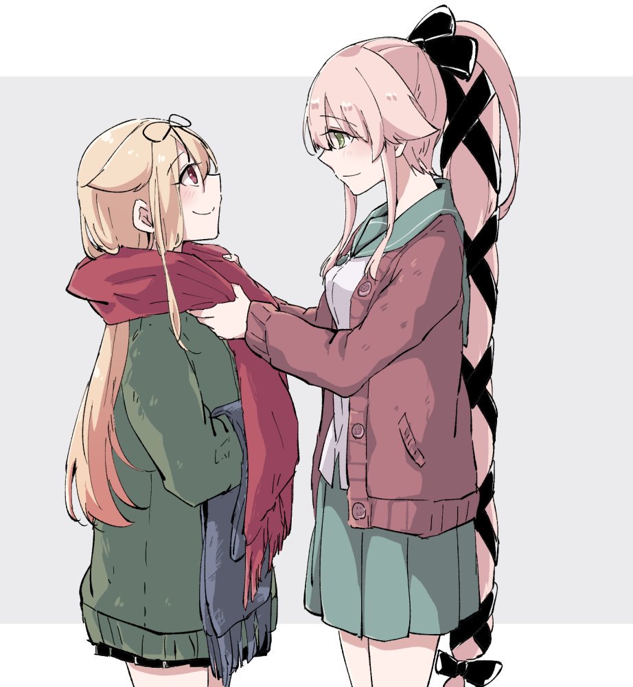 2girls aqua_skirt black_ribbon blonde_hair blue_scarf brown_cardigan buttons eyebrows_visible_through_hair from_side gradient_hair green_coat green_eyes hair_flaps hair_ribbon holding_scarf kantai_collection kuromaru_(dottomatto) long_hair looking_at_another multicolored_hair multiple_girls pink_hair pleated_skirt ponytail red_eyes red_scarf remodel_(kantai_collection) ribbon sailor_collar scarf school_uniform serafuku shirt sidelocks simple_background skirt smile very_long_hair white_shirt yura_(kantai_collection) yuudachi_(kantai_collection)