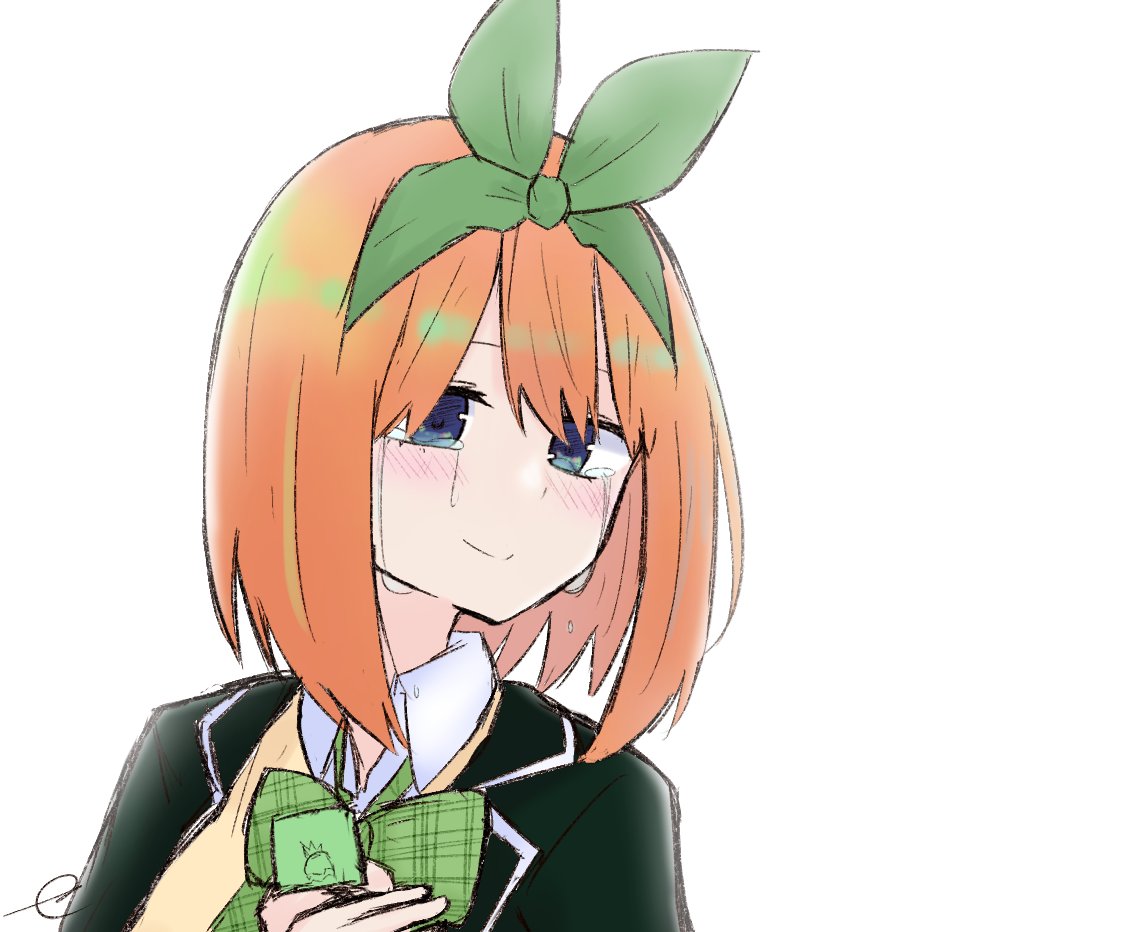 1girl bangs black_jacket blazer blue_eyes blush bow closed_mouth collared_shirt commentary_request crying crying_with_eyes_open eyebrows_behind_hair go-toubun_no_hanayome green_bow green_ribbon hair_between_eyes hair_ribbon hand_up jacket kujou_karasuma looking_at_viewer nakano_yotsuba open_blazer open_clothes open_jacket orange_hair plaid plaid_bow ribbon shirt signature simple_background smile solo sweater_vest tears upper_body white_background white_shirt