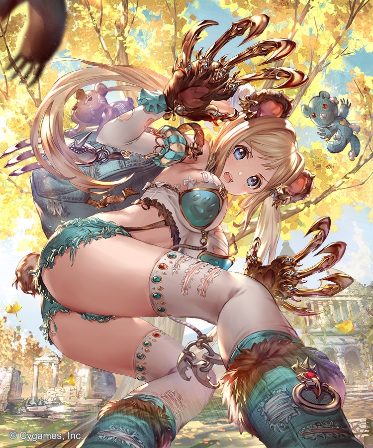1girl 77gl animal_ears armpits ass bag bear_ears bear_girl bear_tail blonde_hair blue_eyes breasts building claws crop_top day detached_sleeves fangs fur ginkgo_leaf grey_legwear hair_intakes juliet_sleeves large_breasts long_hair long_sleeves looking_at_viewer midriff official_art open_mouth outdoors puffy_sleeves shingeki_no_bahamut short_shorts shorts solo standing stuffed_animal stuffed_toy sunlight suspenders tail teddy_bear thigh-highs tree twintails v-shaped_eyebrows watermark