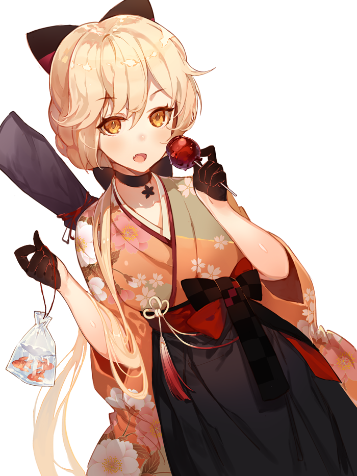 1girl :o bag bagged_fish bangs black_bow black_gloves black_hakama blonde_hair blush bow candy_apple checkered checkered_bow commentary dutch_angle eyebrows_visible_through_hair fang fish floral_print food girls_frontline gloves goldfish hair_bow hakama holding holding_food japanese_clothes khj kimono long_hair long_sleeves looking_at_viewer low_ponytail multicolored multicolored_clothes multicolored_kimono orange_eyes ots-14_(girls_frontline) print_kimono skin_fang solo tassel water wide_sleeves