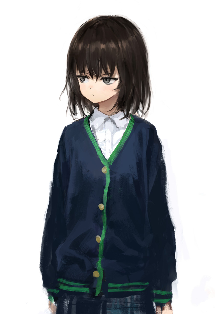 1girl bangs black_hair black_skirt blue_jacket closed_mouth collared_shirt dress_shirt eyebrows_behind_hair grey_eyes hair_between_eyes highres jacket long_sleeves looking_away looking_to_the_side original school_uniform shirt sho_(sho_lwlw) simple_background skirt sleeves_past_wrists solo white_background white_shirt